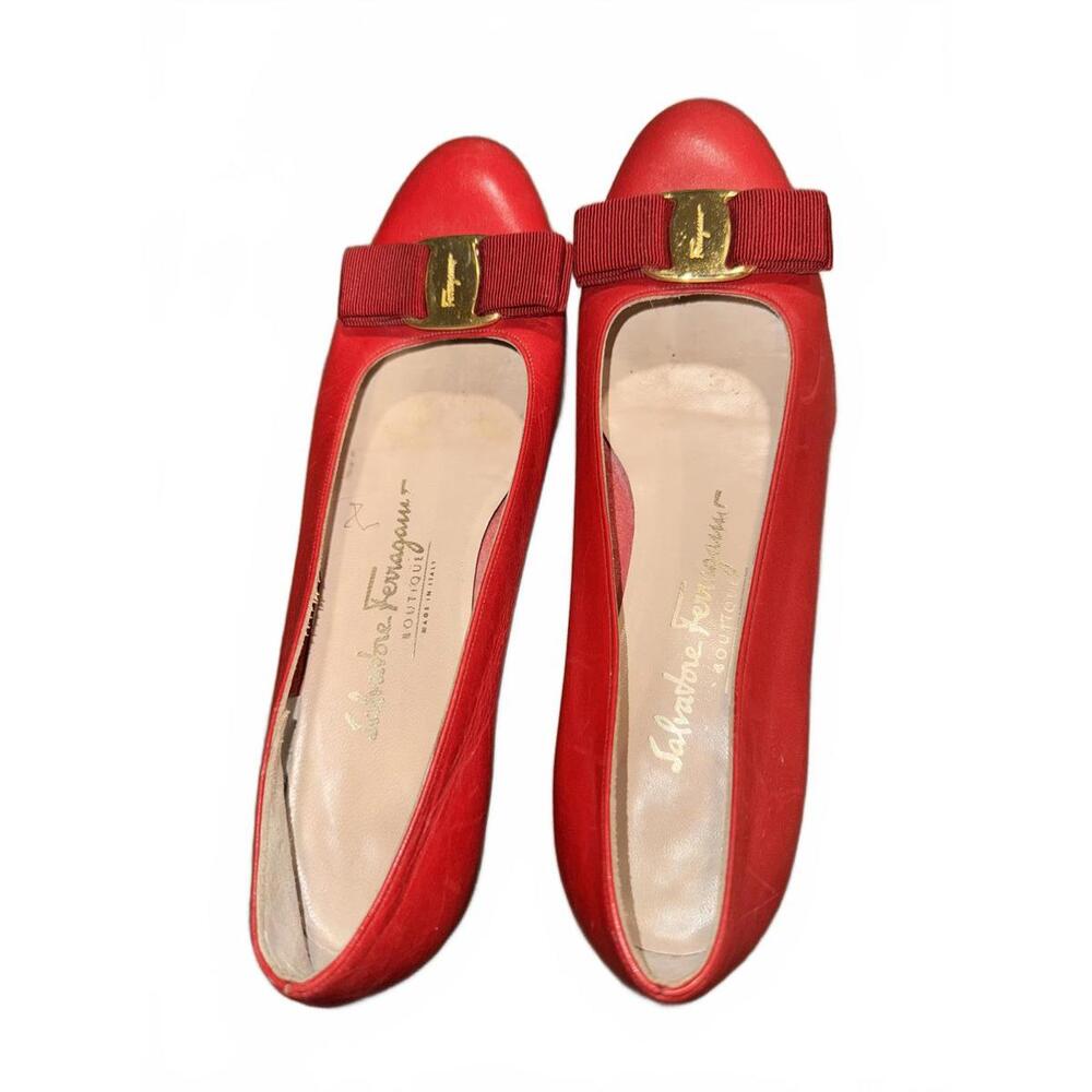 Red Designer Flats by Salvatore Ferragamo With Fabric Bow Size 6 1/2